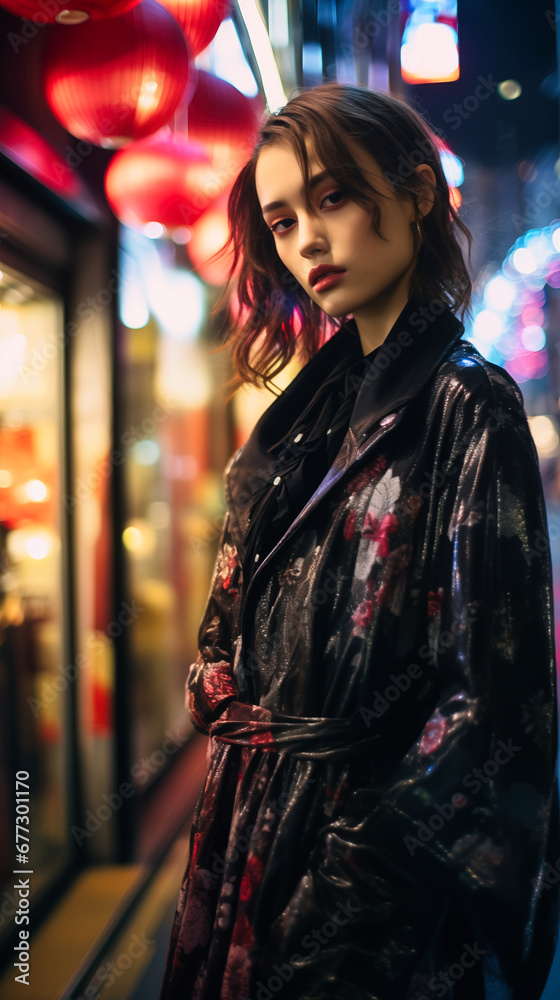 Beautiful asian girl in black coat in the night city.