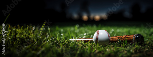 Bat and baseball ball lie on the playing field