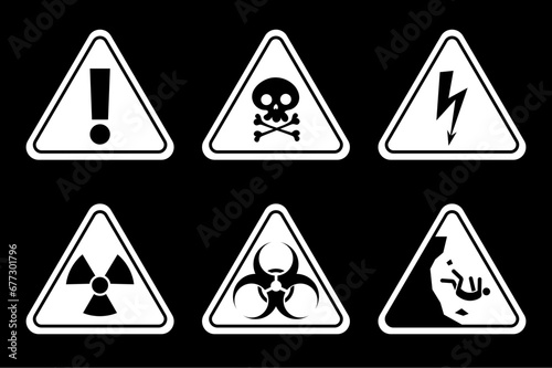 Warning attention pictogram danger safety yellow sign isolated set. Vector flat graphic design illustration