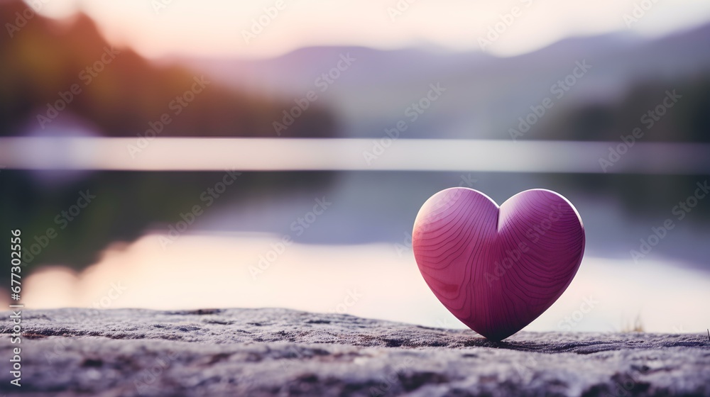 Fototapeta premium Close up of a purple wooden Heart in front of a beautiful Lake. Blurred natural Background