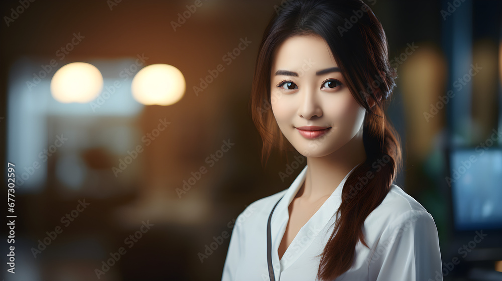 Portrait shot of a smiling and confident female doctor or nurse standing at the front row in a medical training class or seminar room, with copy space for text