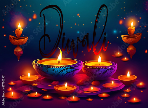 Happy Diwali illustration Of Burning Diya On Happy Diwali, Traditional Indian oil lamps, Diwali Celebration Festival Of Lights With Ai generate Background