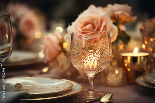 Stylish elegant table setting with candles in vintage style. Generative AI
