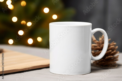 Plain white coffee cup mockup with christmas elements in background. Generative AI