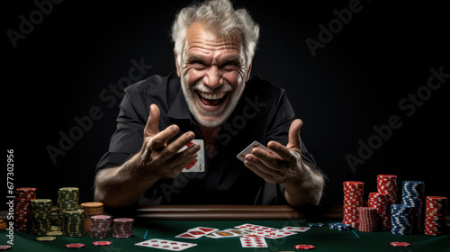 Senior male poker player gesturing thumbs up with cards and poker chips. The background is blurred dark.