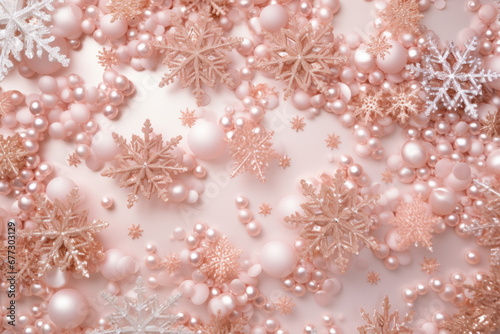 Sparkling snowflake pattern with rose gold accents. Christmas shimmering banner. Generative AI