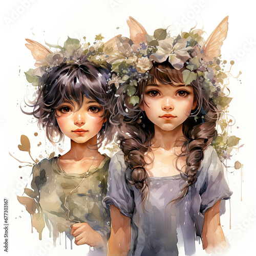 watercolor Cute Little Fairies with Flowers clipart  Generative Ai