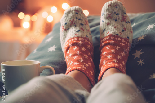Woman legs with wool socks. A girl in Christmas socks on a sofa. Generative AI
