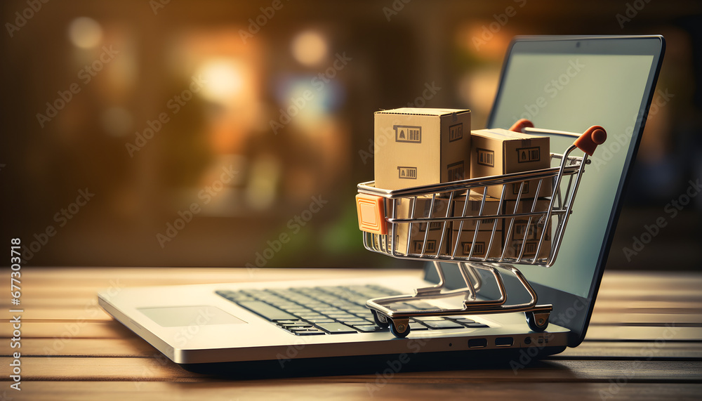 Concept of online shopping with a miniature shopping cart in front of a laptop,