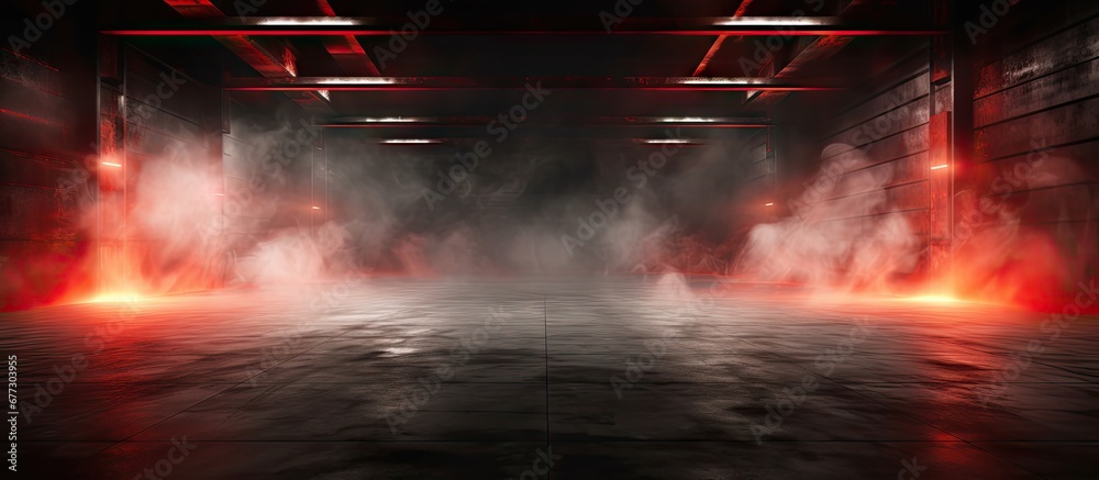 Obraz premium 3D illustration of a dark underground garage with a red neon laser line glowing on concrete walls and floor creating a smoke fog effect Copy space image Place for adding text or design