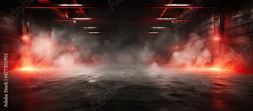 3D illustration of a dark underground garage with a red neon laser line glowing on concrete walls and floor creating a smoke fog effect Copy space image Place for adding text or design © Ilgun
