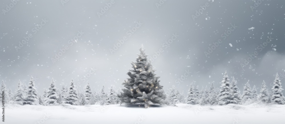 3D Christmas tree with snowy background illustration Copy space image Place for adding text or design