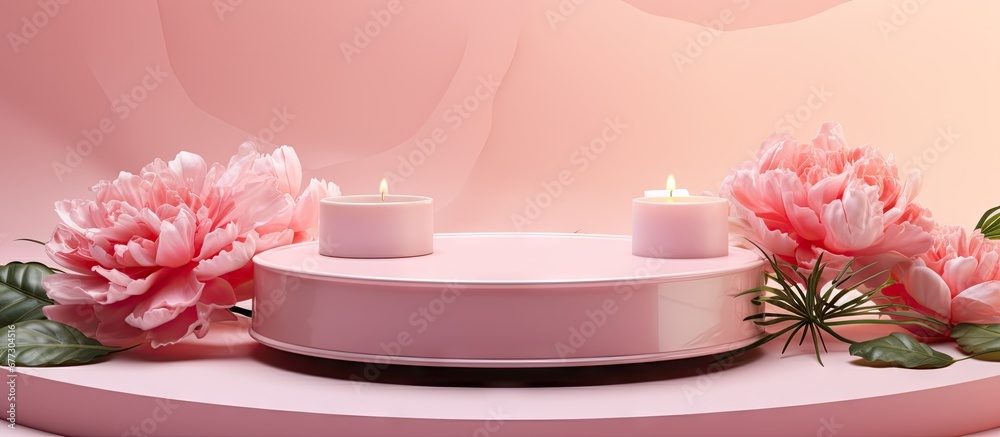 3D podium with pink background rose flowers peonies and palm leaf shadow Minimal beauty pedestal for cosmetics Valentine s feminine template Copy space image Place for adding text or design