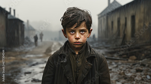 A child in war, with a blank expression devoid of hope