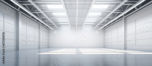 Clean empty factory or storehouse with 3D interior rendering Copy space image Place for adding text or design photo