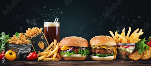 3D mural posters with fast food designs for restaurant walls Copy space image Place for adding text or design