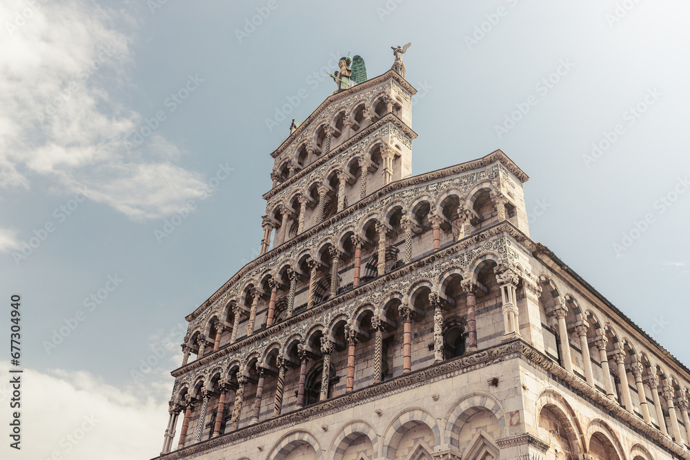 Details of the facade of San Michele in Foro cathedral in Lucca, Tuscany, Italy