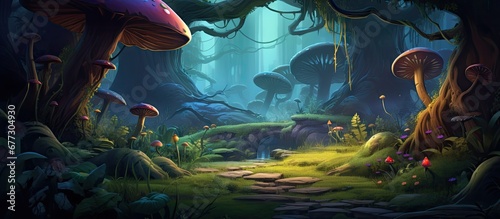 Background illustration for a realistic enchanted forest game concept Copy space image Place for adding text or design