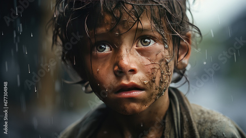 A terrified child in a war-ravaged village