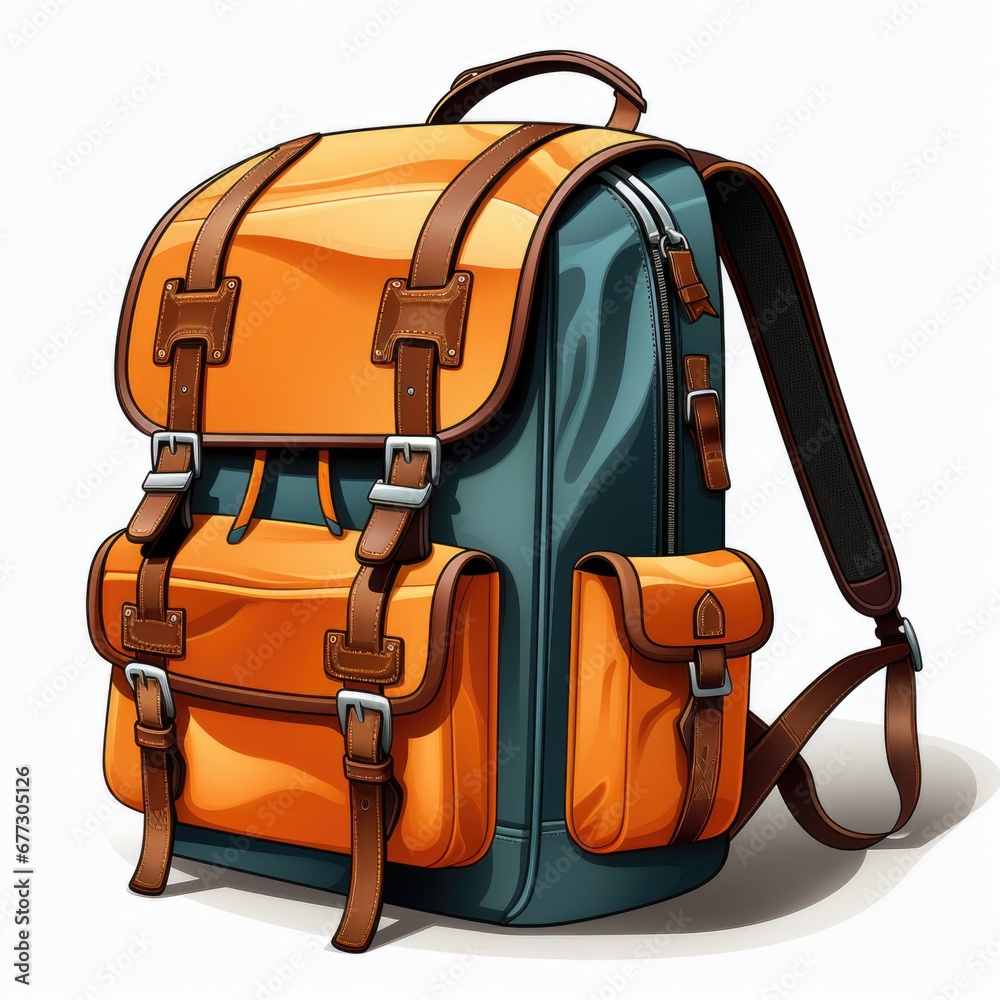 An orange and blue backpack on a white background. Realistic clipart on white background - obrazy, fototapety, plakaty 