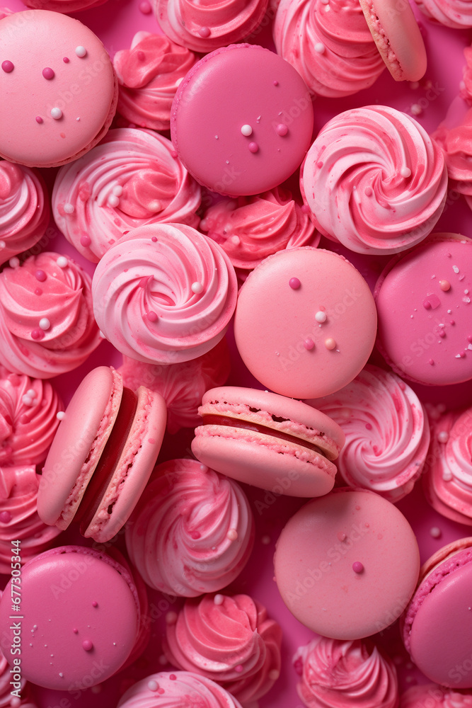 Top view of pink macaroons, assorted meringues on pink background Top view of pink macaroons, assorted meringues on pink background