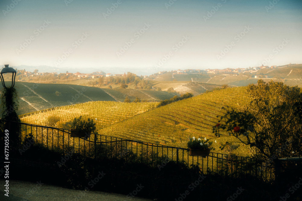 Naklejka premium landscapes of the Piedmontese Langhe at sunset with the colors of autumn near Alba in the period of the end of the 2023 harvest