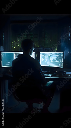 Silhouette of a man working on a computer at night in a dark office