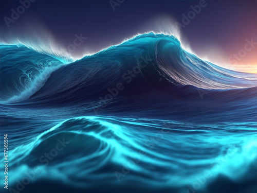 Fluorescent Fantasy Waves A simple, captivating image of brightly colored waves in a dreamy ocean setting, generated by A