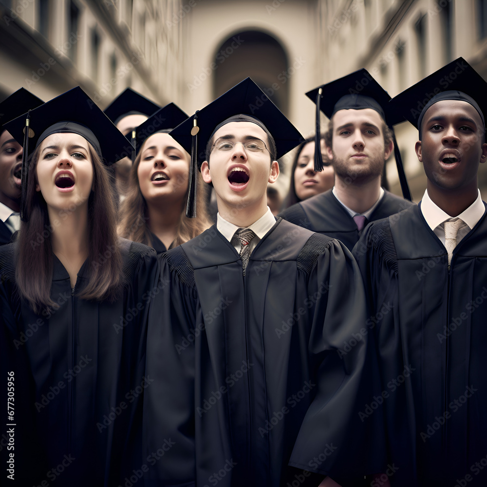 group of happy students in mortar boards and gowns at graduation ceremony