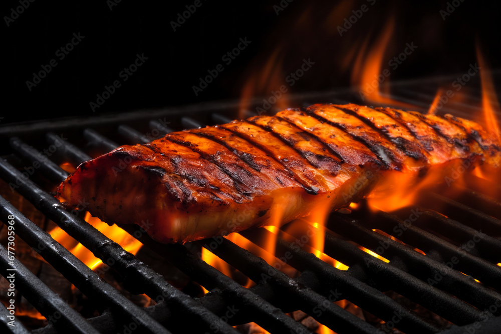 A long piece of meat on a grill with fire. A long piece of meat on a grill with fire.