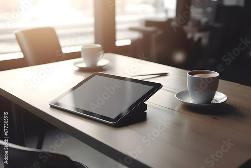 Tablet with blank screen and coffee cup on wooden table in cafe