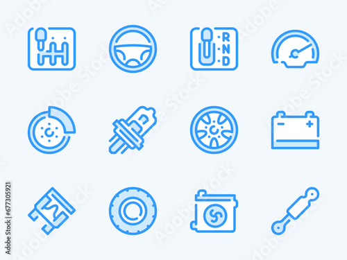 Car parts and Vehicle repair vector line icons. Auto service and Workshop outline icon set. Transmission, Shock Absorber, Steering Wheel, Tire, Fuse and more.