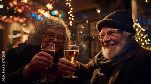 An elderly couple celebrates happily by clashing champagne glasses. Ceremonial lights in the background