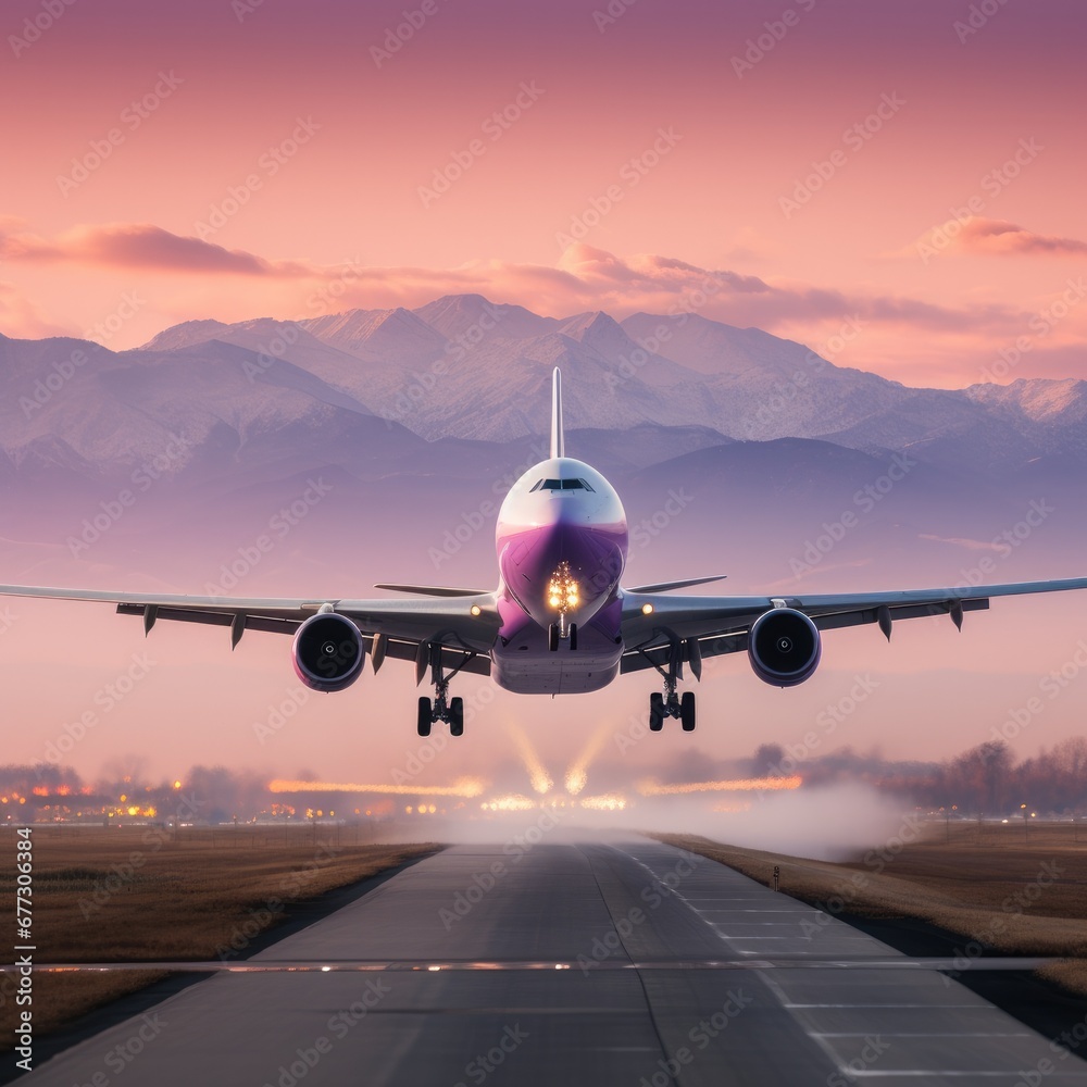 A large passenger jet taking off from an airport runway. Generative AI. A large passenger jet taking off from an airport runway. Generative AI.