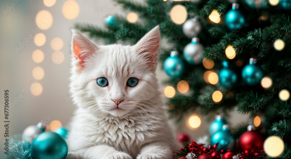 Cute white kitten with blue eyes near the Christmas tree Cute white kitten with blue eyes near the Christmas tree