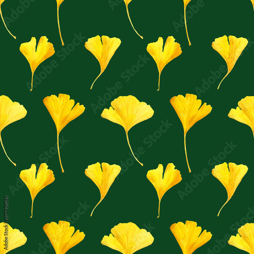 Seamless pattern of Ginkgo biloba leaves. Hand drawn watercolour illustration. Yellow plants on green background. 