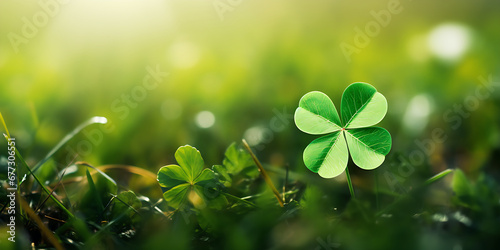 Good luck fourleaf clover standing out from a field creative digital illustration, Set of green leaf icons. Green color. Leafs green color icon logo. Leaves on sunrise background
 photo