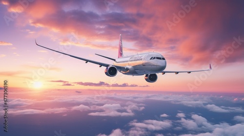 A large passenger jet flying through a cloudy sky. Generative AI. © serg3d