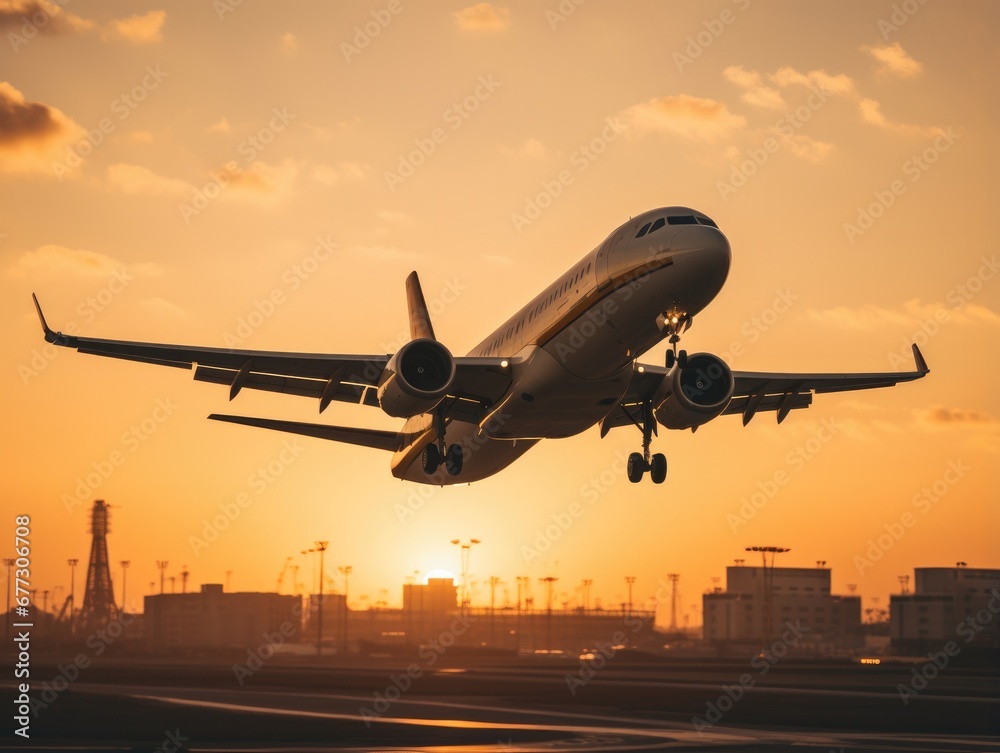 A large jetliner flying over a city at sunset. Generative AI. A large jetliner flying over a city at sunset. Generative AI.