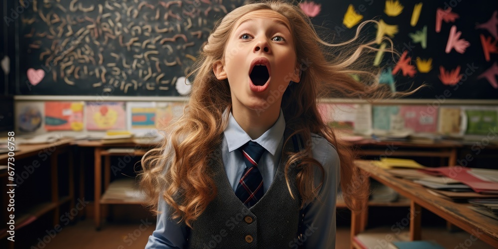 A girl with her mouth open in a classroom. Generative AI. A girl with her mouth open in a classroom. Generative AI.