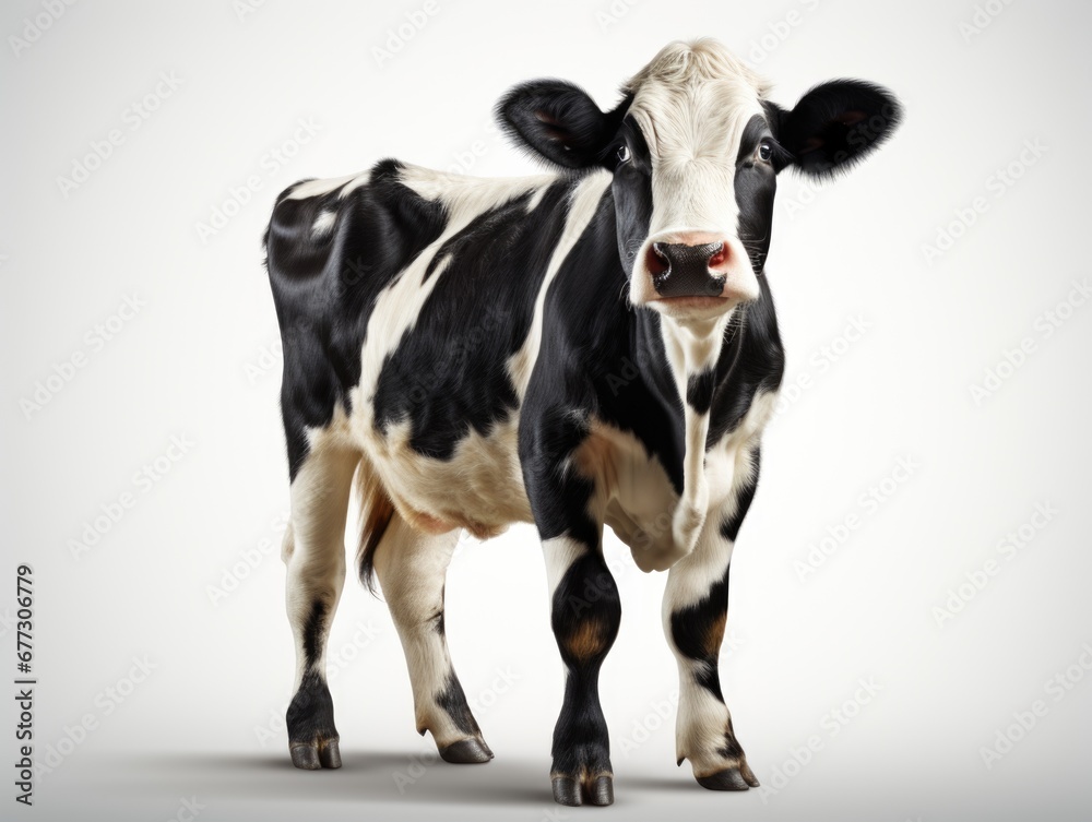 A black and white cow standing in front of a white background.