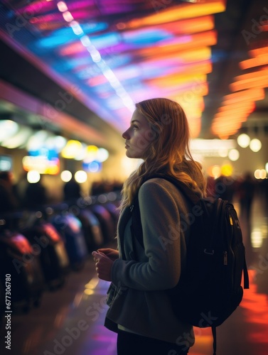 A woman with a backpack is standing in an airport. Generative AI. © serg3d