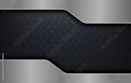 The dark background consists of reflective metallic lines. Diamond pattern metal sheet. Silver black industrial background. Vector illustration.