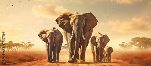 African Bush Elephants Loxodonta africana walking on road in wildlife reserve Greetings from Africa Copy space image Place for adding text or design photo