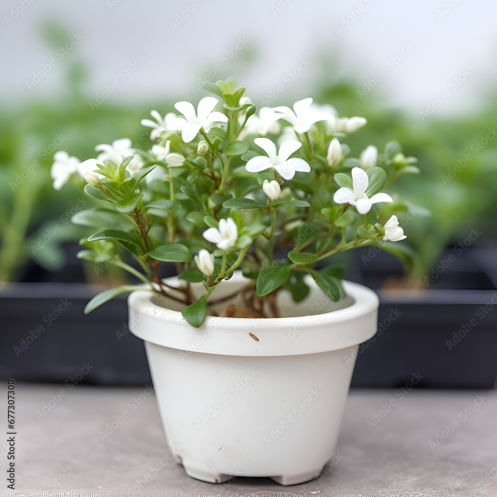White jasmine in a white pot on a wooden table.