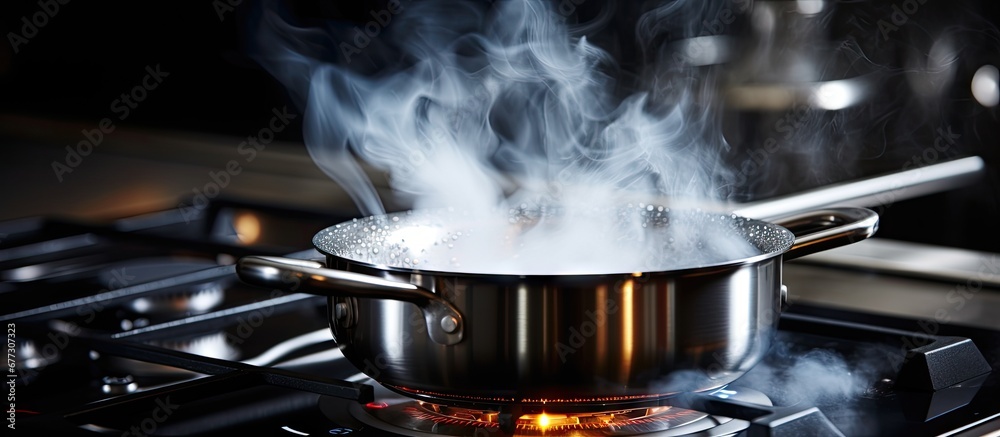 Boiling water on an induction stove in a kitchen Copy space image Place ...