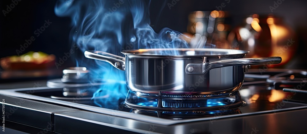 Boiling water on an induction stove in a kitchen Copy space image Place for adding text or design Boiling water on an induction stove in a kitchen Copy space image Place for adding text or design