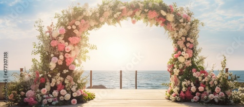Beautiful flower arrangements can be found at wedding venues by the sea Copy space image Place for adding text or design © Ilgun