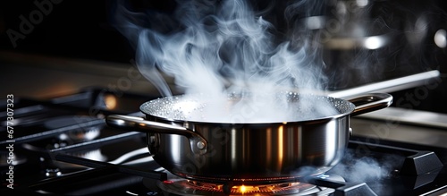 Boiling water on an induction stove in a kitchen Copy space image Place for adding text or design photo
