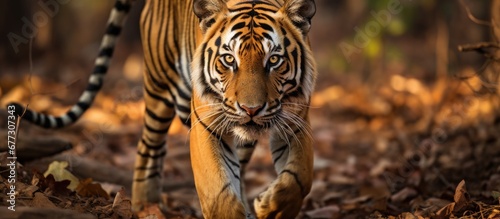 A tigress approaches a photographer in Pench tiger reserve Copy space image Place for adding text or design photo